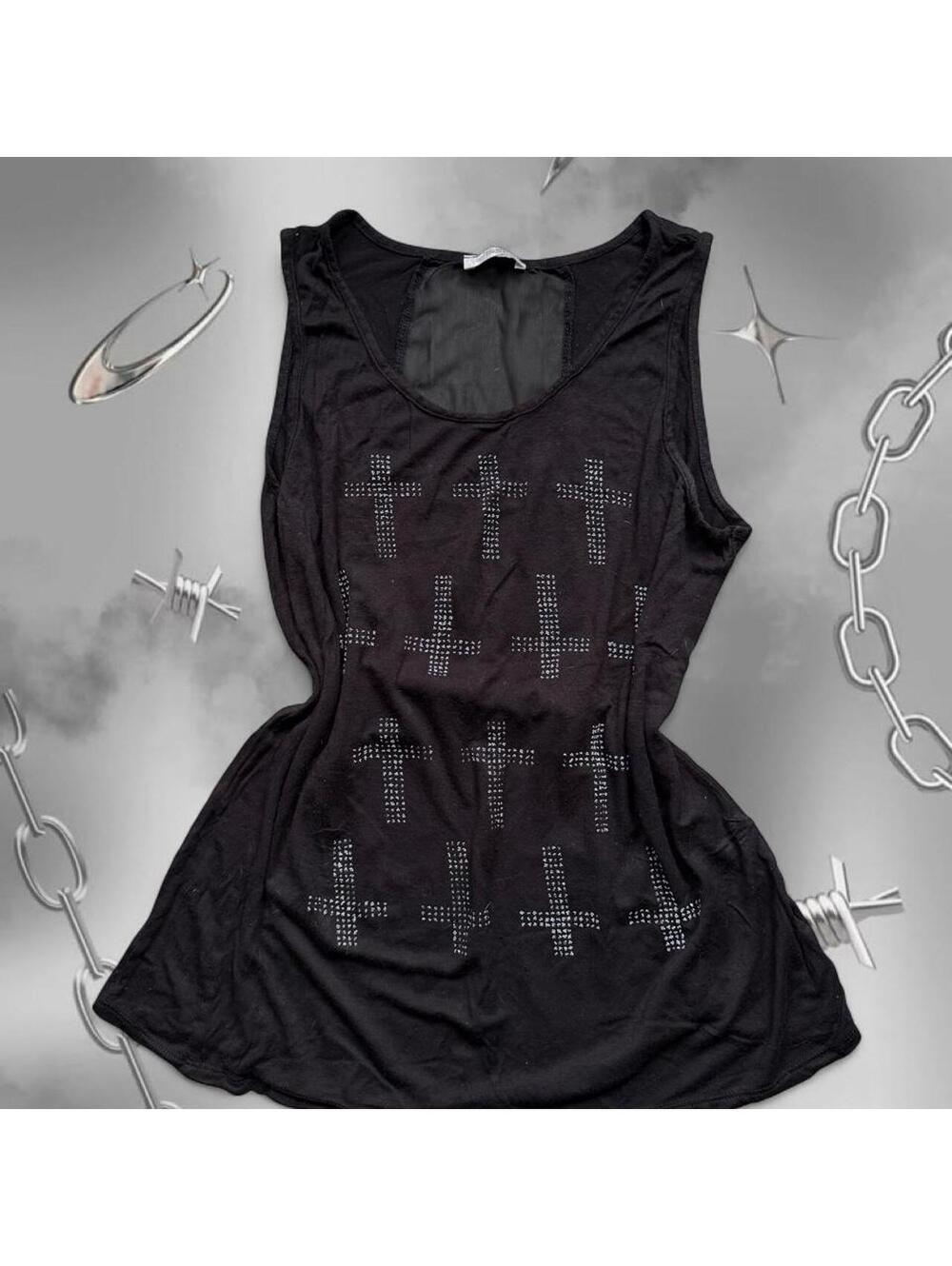 Y2K Black Rhinestone Glitter Cross Tank Top Goth Grunge Sleeveless Tank Top